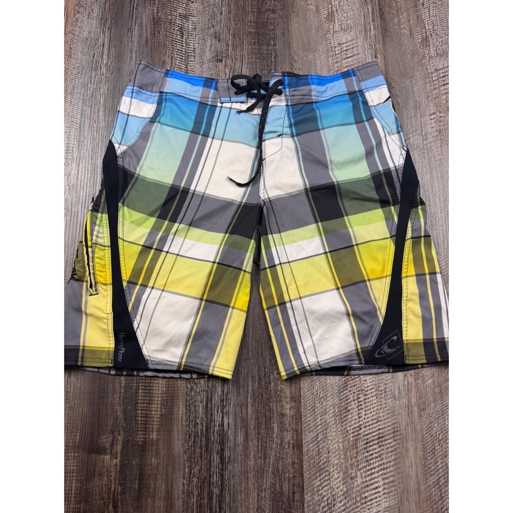 ONeill Superfreak Mens Plaid Board Shorts Blue Yellow Green Size 34 11106412